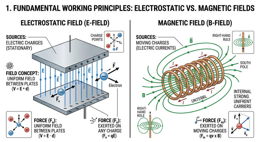 Fundamental Working Principles: Electrostatic vs. Magnetic Fields