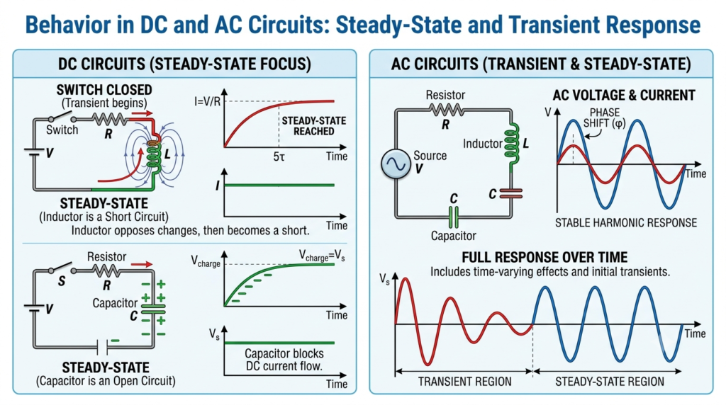 Behavior in DC and AC Circuits: Steady-State and Transient Response.