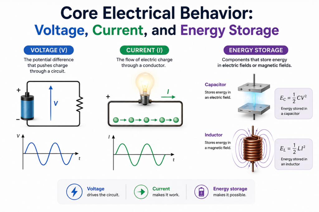 Core Electrical Behavior: Voltage, Current, and Energy Storage