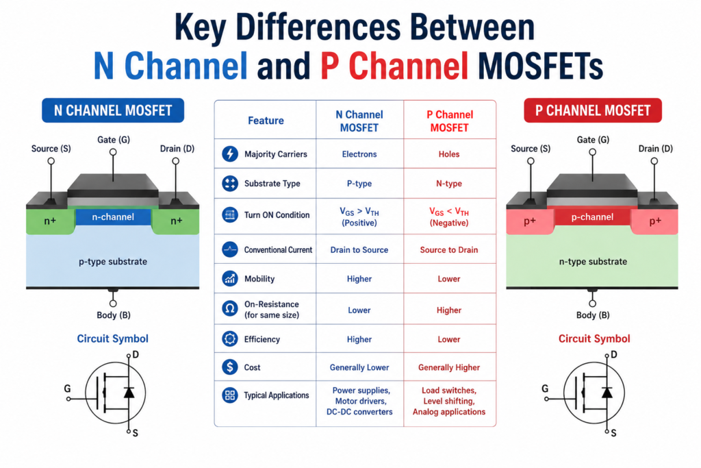 Key Differences Between N Channel and P Channel MOSFETs