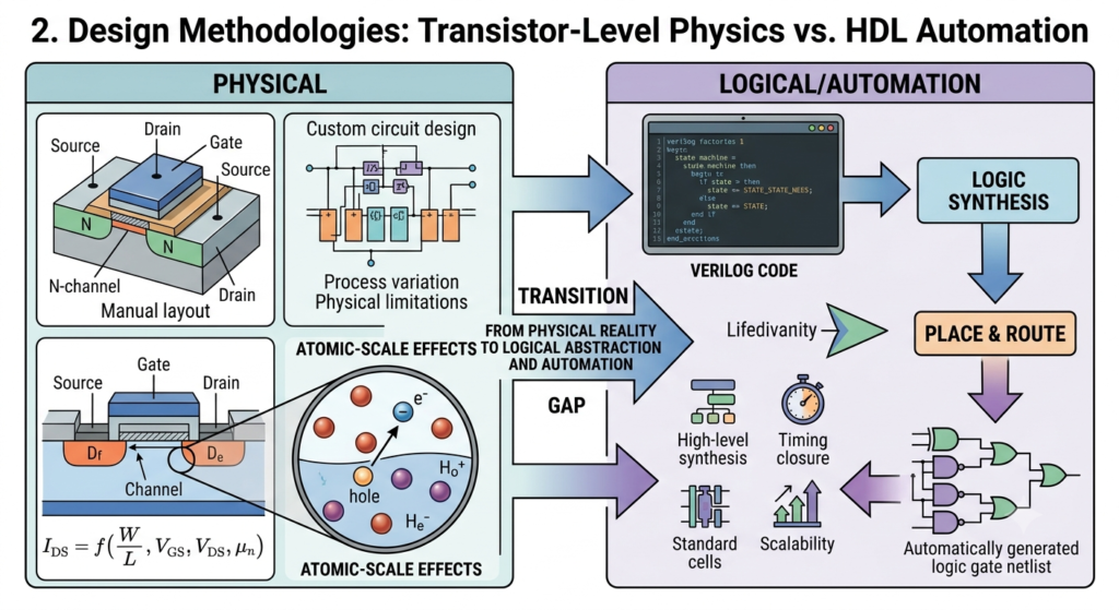 Design Methodologies: Transistor-Level Physics vs. HDL Automation